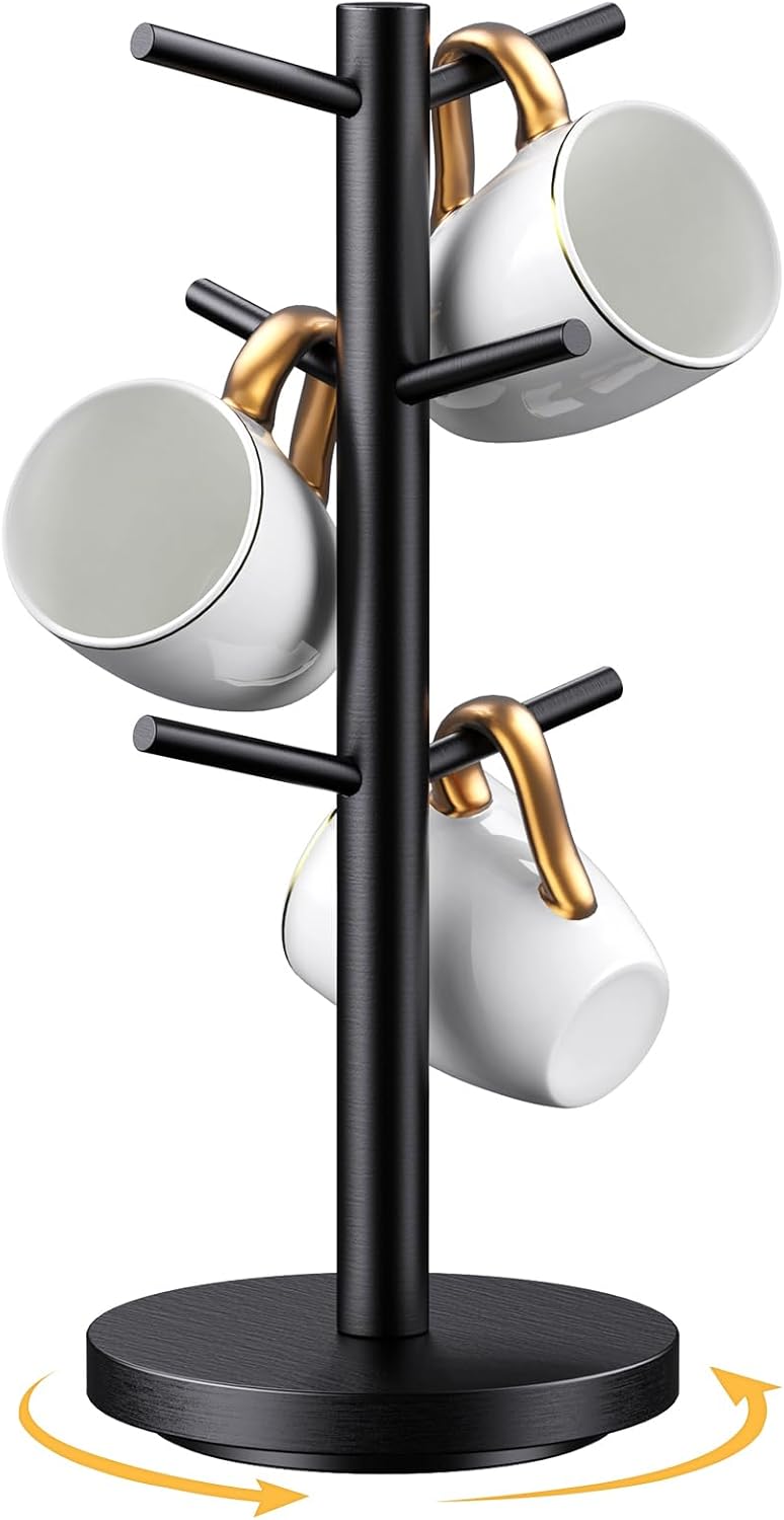 Elerator Coffee Mug Holder Tree, Upgraded 360° Rotated Cup Holder for Counter, Wood Mug Rack with 6 Hooks, Coffee Mug Organizer Station, Mug Stand Bar Accessories, Black - Image 3